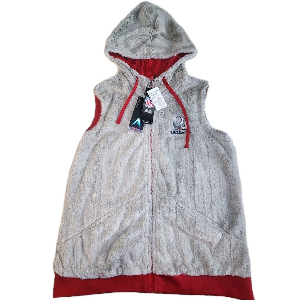 ANTIGUA NFL Vest Hoodie Womens Large Full Zip Gray Silver‎ Red Faux Fur NEW